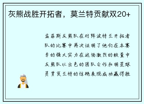 灰熊战胜开拓者，莫兰特贡献双20+