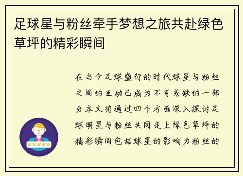 足球星与粉丝牵手梦想之旅共赴绿色草坪的精彩瞬间