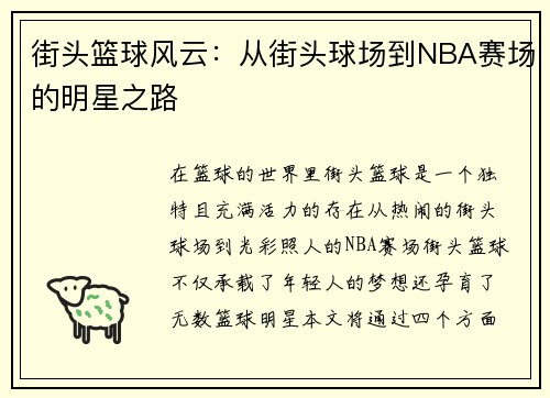 街头篮球风云：从街头球场到NBA赛场的明星之路
