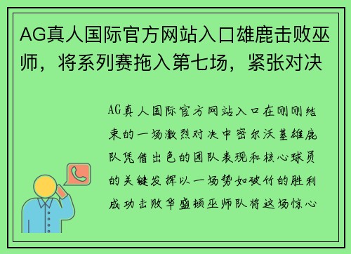 AG真人国际官方网站入口雄鹿击败巫师，将系列赛拖入第七场，紧张对决即将上演